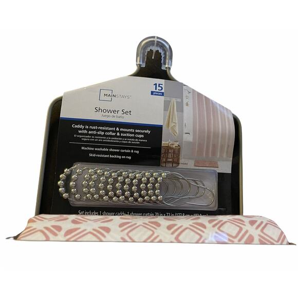Mainstays Shower Set Caddy 15pc Rug Pink Curtain Rug Hooks Bathroom Accessories - Picture 9 of 10
